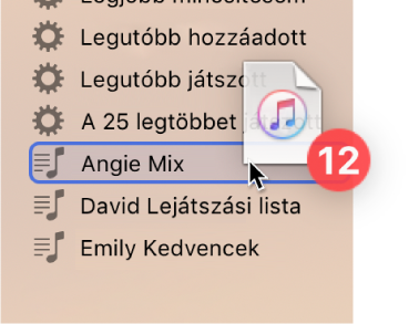 Egy album áthúzása egy lejátszási listára. A lejátszási lista egy kék négyszöggel van kiemelve.