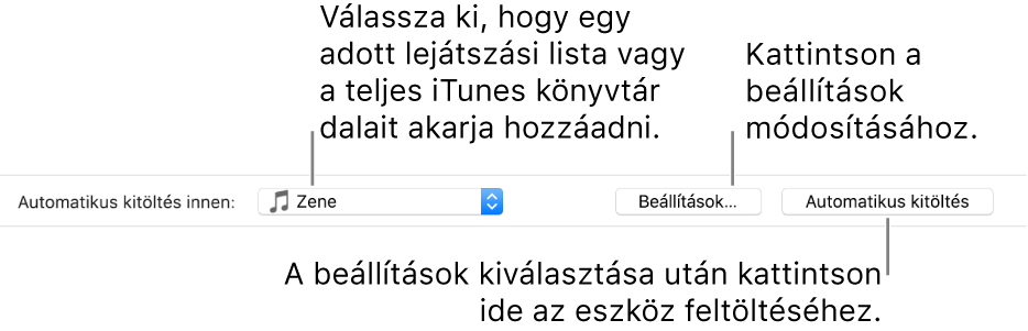 A Zene panel alján található automatikus kitöltési lehetőségek. Bal oldalon található az Automatikus kitöltés innen, ahol megadhatja, hogy egy lejátszási listából vagy a teljes könyvtárából szeretne dalokat hozzáadni. A jobb szélén két gomb található: a Beállítások, mellyel az Automatikus kitöltés különféle lehetőségei módosíthatók, és az Automatikus kitöltés. Az Automatikus kitöltés lehetőségre kattintva az eszköz a feltételeknek megfelelő zeneszámokkal telik meg.