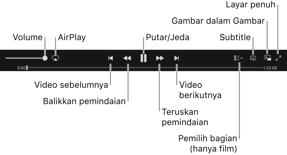 Kontrol video: Volume, AirPlay, Video Sebelumnya, pindai Balikkan, Putar/Jeda, pindai Maju, Video berikutnya, Pemilih bagian (hanya untuk film), Subtitle, Gambar dalam Gambar, dan Layar penuh.