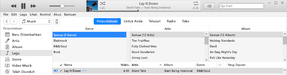 Jendela utama iTunes: Browser kolom muncul di sisi kanan bar samping dan di atas daftar lagu.