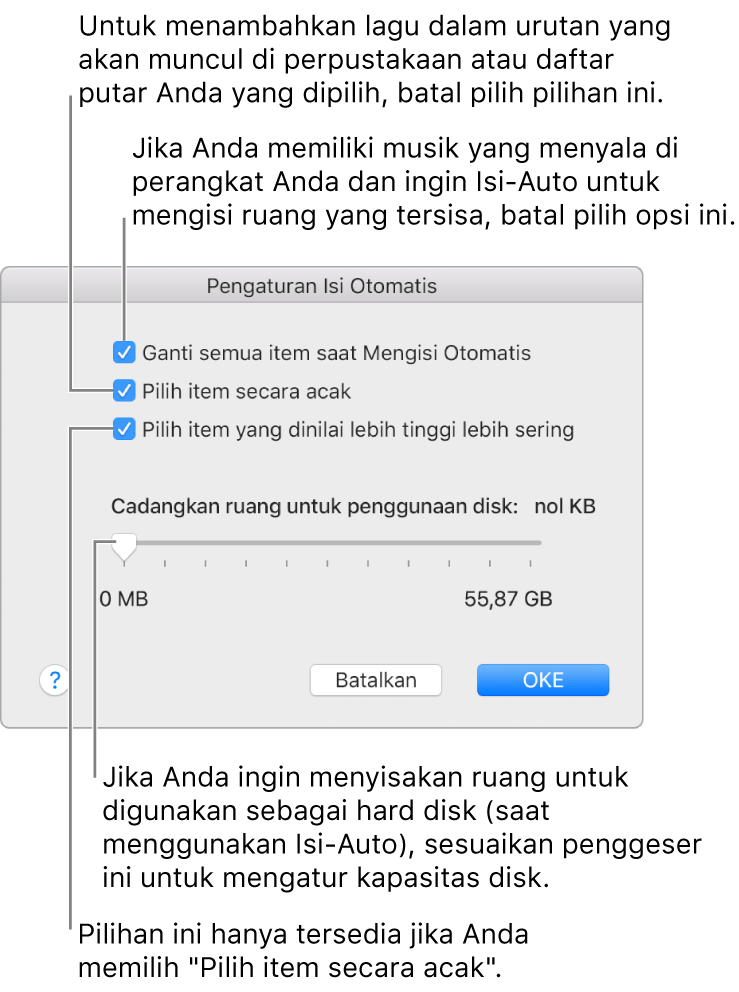 Dialog Pengaturan Isi-Auto menampilkan empat pilihan, dari atas ke bawah. Jika Anda memiliki musik di perangkat Anda dan ingin Isi-Auto mengisi ruang tersisa, batal pilih opsi “Ganti semua item saat Mengisi Otomatis.” Untuk menambahkan lagu dalam urutan yang muncul di perpustakaan atau daftar putar yang dipilih, batal pilih opsi “Pilih item secara acak.” Pilihan berikutnya, “Pilih item yang dinilai lebih tinggi lebih sering” tersedia hanya jika Anda memilih opsi “Pilih item secara acak.” Jika Anda ingin mengatur ruang yang akan digunakan sebagai hard disk, sesuaikan penggeser untuk mengatur kapasitas disk.