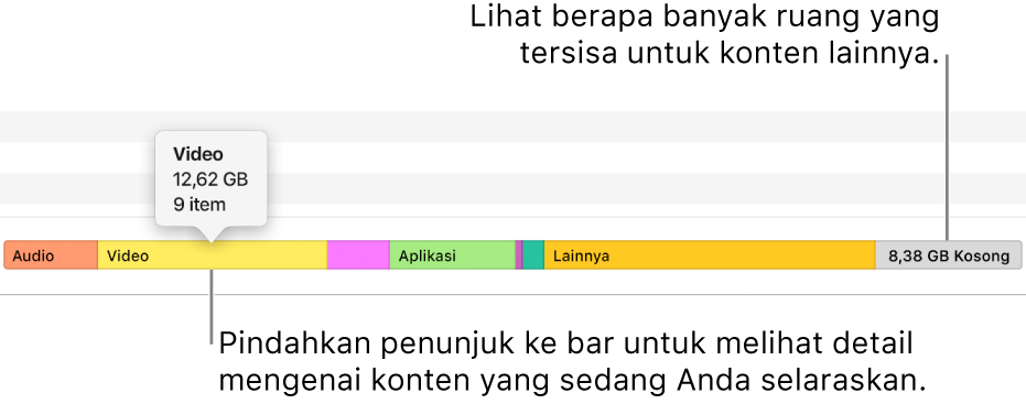 Pindahkan penunjuk ke atas bar di bagian bawah jendela untuk melihat detail mengenai konten yang sedang Anda selaraskan dan melihat ruang yang tersisa untuk konten lainnya.