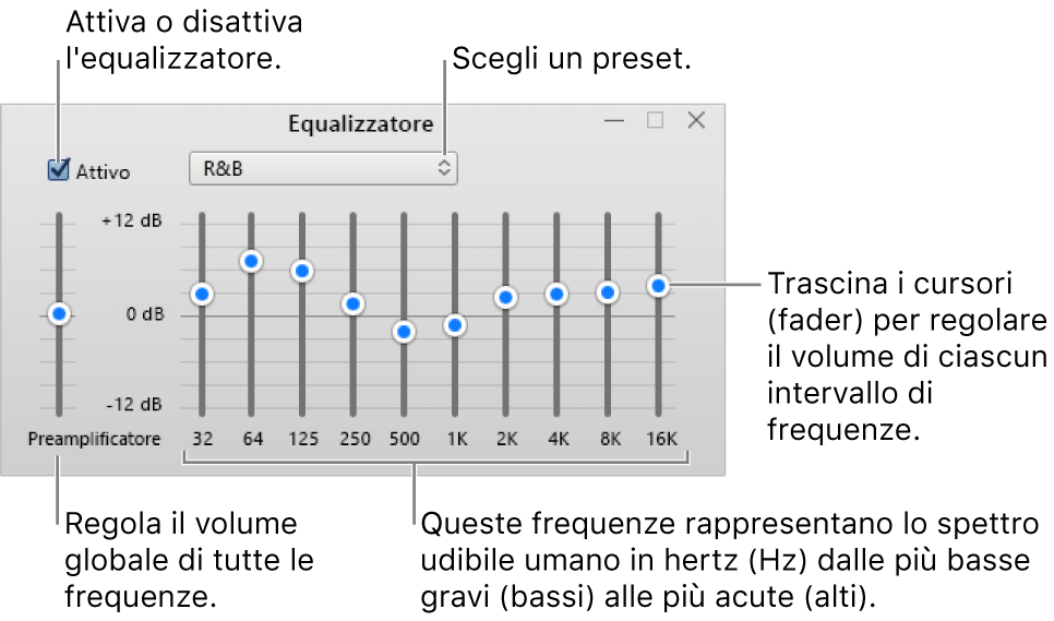 Finestra Equalizzatore: la casella di controllo per attivare l'equalizzatore di iTunes si trova nell'angolo superiore sinistro. Accanto c'è il menu di scelta rapida con i preset dell'equalizzatore. All'estrema sinistra, regola il volume globale delle frequenze con il preamplificatore. Sotto i preset dell'equalizzatore, regola i livelli sonori di diversi intervalli di frequenze che rappresentano lo spettro dell'udito umano, da quelli più bassi a quelle più alti.