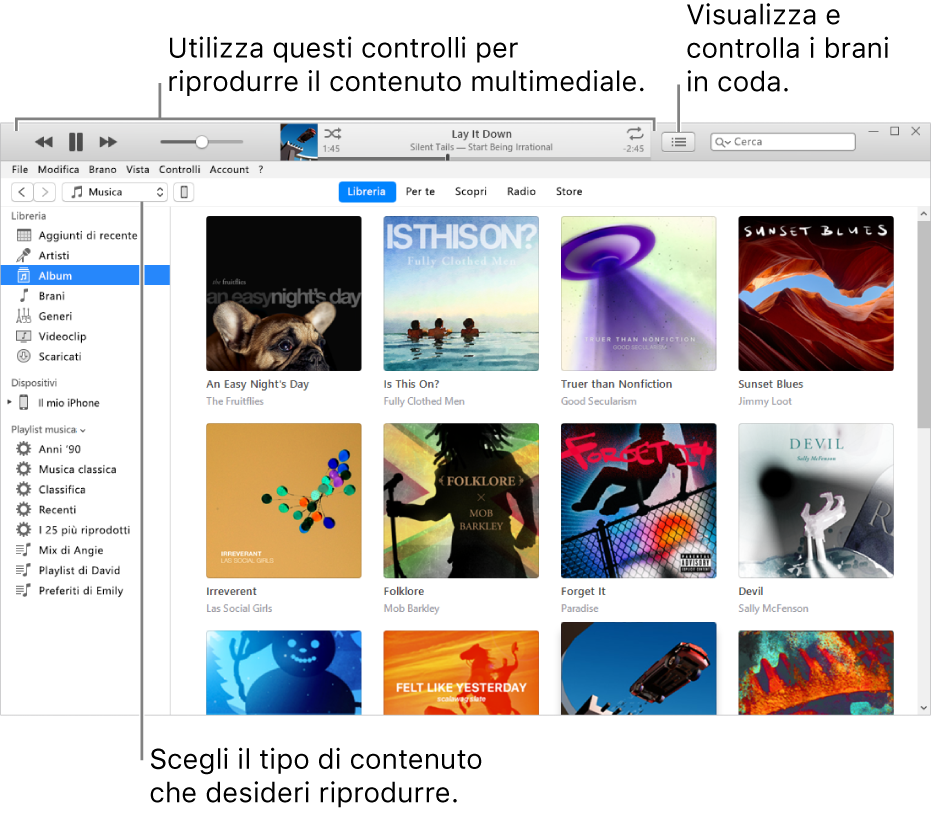 Finestra principale della libreria iTunes: Nella barra di navigazione, scegli il tipo di file multimediale da riprodurre, ad esempio Musica. Utilizza i controlli del banner nella parte superiore per riprodurre il file multimediale e usa il menu di scelta rapida “In coda” sulla destra per visualizzare la libreria in modi diversi.
