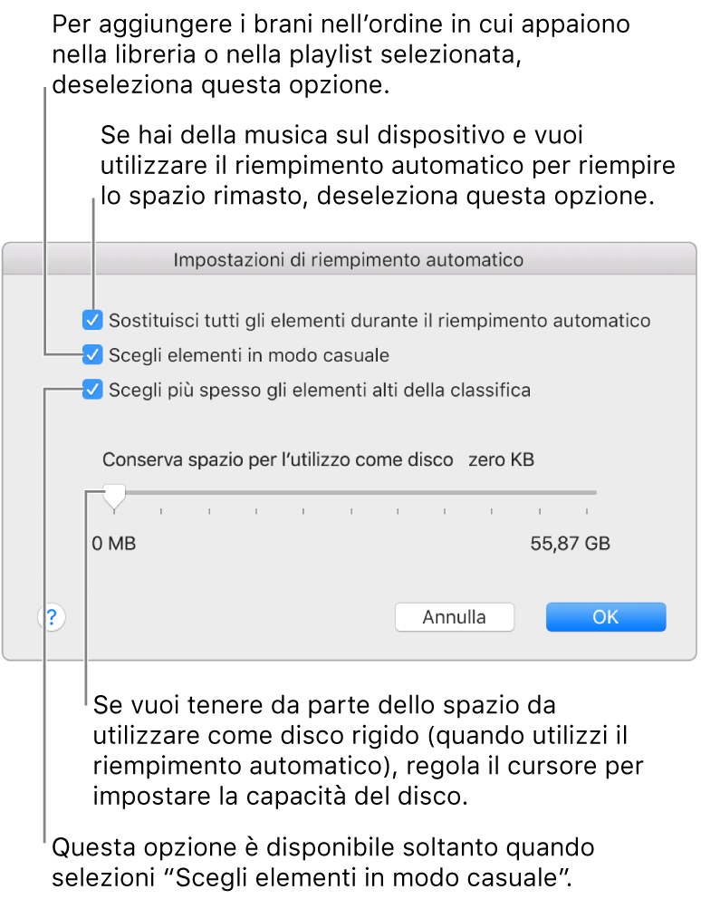 La finestra di dialogo del riempimento automatico che mostra quattro opzioni, dall'alto al basso. Se sul tuo dispositivo sono presenti alcuni brani e vuoi riempire automaticamente lo spazio restante, deseleziona l'opzione “Sostituisci tutti gli elementi durante il riempimento automatico”. Per aggiungere brani nell'ordine in cui compaiono nella libreria o nella playlist selezionata, deseleziona l'opzione “Scegli elementi in modo casuale”. L'opzione successiva, “Scegli più spesso gli elementi alti della classifica” è disponibile solo quando è selezionata l'opzione “Scegli elementi in modo casuale”. Se vuoi tenere libero dello spazio da utilizzare come disco rigido, regola il cursore per impostare la capacità del disco.