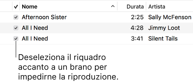 Dettaglio della vista Brani in Musica, con i riquadri a sinistra. Deseleziona la casella di controllo accanto a un brano per impedirne la riproduzione.