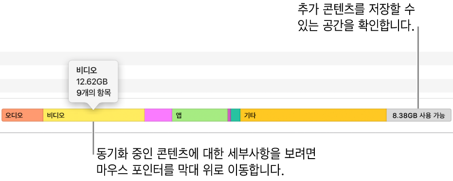 창 하단에서 포인터를 막대 위로 이동하여 동기화 중인 콘텐츠에 대한 세부사항을 보고 더 많은 콘텐츠를 위해 남은 공간을 확인합니다