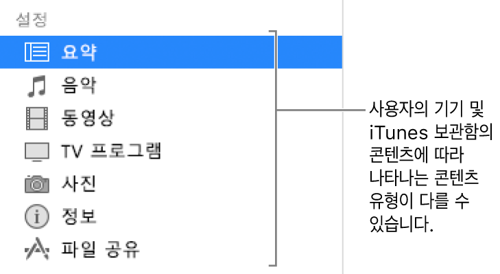 왼쪽에 있는 사이드바에서 요약이 선택되어 있습니다. 나타나는 콘텐츠 유형은 기기와 iTunes 보관함의 콘텐츠에 따라 다를 수 있습니다.