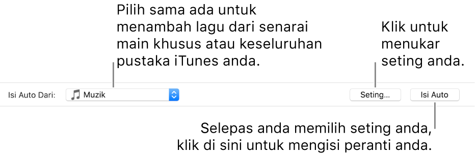 Pilihan Isi Auto di bahagian bawah anak tetingkap Muzik. Di hujung sebelah kiri ialah menu timbul Isi Auto Daripada, di mana anda pilih sama ada untuk menambah lagu daripada senarai main atau daripada keseluruhan pustaka anda. Di bahagian hujung kanan ialah dua butang—Seting, untuk menukar pelbagai pilihan Isi Auto dan Isi Auto. Apabila anda klik Isi Auto, peranti anda diisikan dengan lagi yang menepati kriteria.