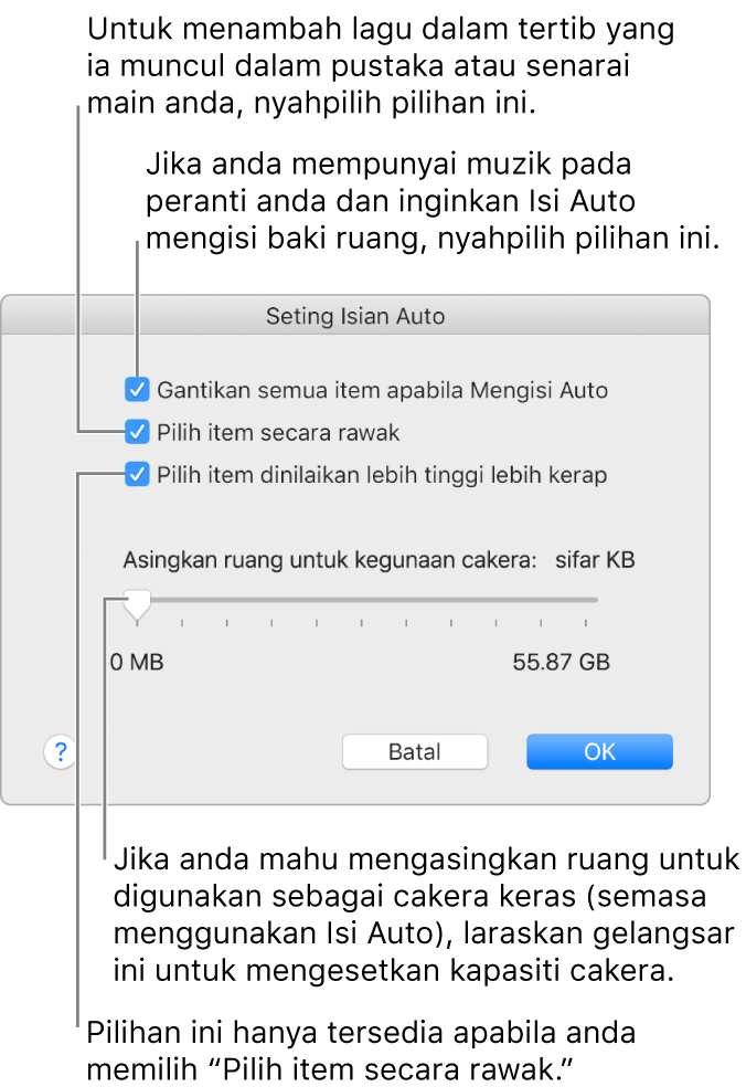 Dialog Seting Isi Auto menunjukkan empat pilihan, dari atas ke bawah. Jika anda mempunyai muzik pada peranti anda dan mahu Isi Auto mengisi baki ruang, nyahpilih pilihan “Gantikan semua item semasa Isi Auto”. Untuk menambah lagu dalam tertib yang ia muncul dalam pustaka atau senarai main anda, nyahpilih pilihan “Pilih item secara rawak”. Pilihan seterusnya, “Pilih item bernilai tinggi lebih kerap”, tersedia hanya apabila anda memilih pilihan “Pilih item secara rawak”. Jika anda mahu mengasingkan ruang untuk digunakan sebagai cakera keras, laraskan gelangsar untuk mengesetkan kapasiti cakera.