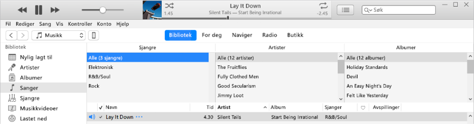 Hovedvinduet i iTunes: Kolonnenavigeringen vises til høyre for sidepanelet og over sanglisten.