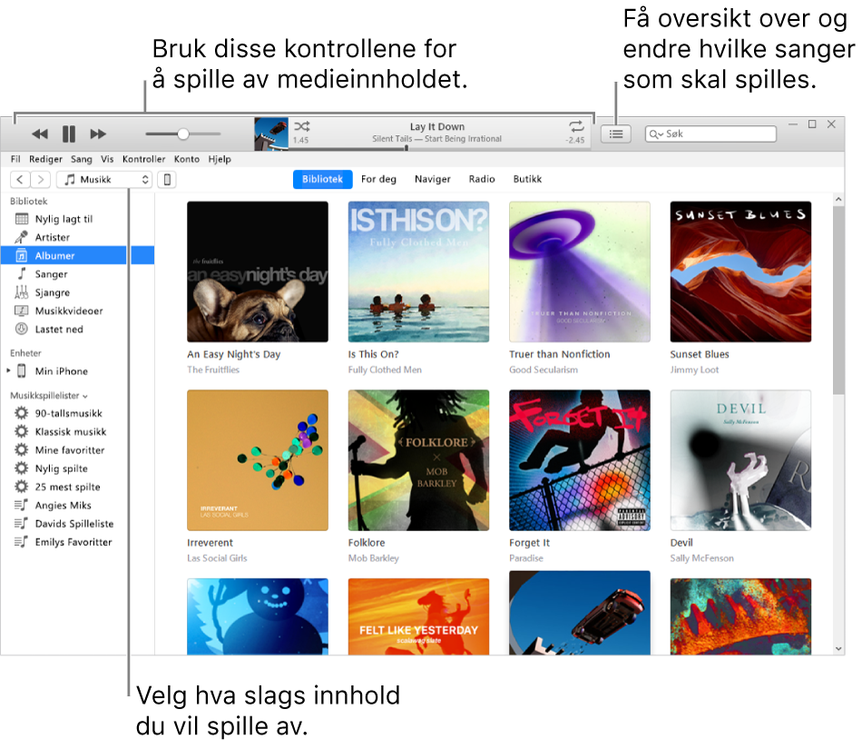 Hovedvinduet i iTunes-biblioteket: I navigeringslinjen velger du medietypen du vil spille av (for eksempel Musikk). Bruk kontrollene i banneret øverst til å spille av mediet, og bruk Neste-lokalmenyen på høyre side til å vise biblioteket på ulike måter.
