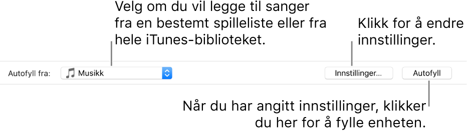 Autofyll-valgene nederst i Musikk-panelet. Lengst til venstre er Autofyll fra-lokalmenyen der du velger om du vil legge til sanger fra en spilleliste eller fra hele biblioteket. Helt til høyre er det to knapper – Innstillinger, for å endre ulike Autofyll-valg, og Autofyll. Når du klikker på Autofyll, fylles enheten med sangene som passer til kriteriene.