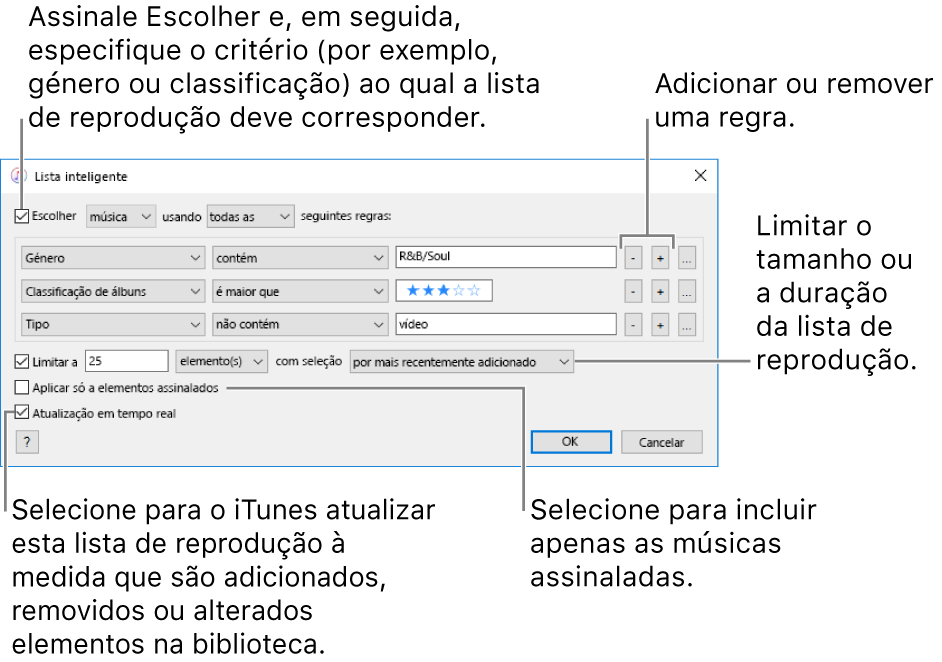 A janela da lista inteligente: No canto superior esquerdo, selecione Satisfazer e especifique os critérios da lista de reprodução (como género ou classificação). Continue a adicionar ou remover regras clicando nos botões Adicionar ou Remover no canto superior direito. Selecione várias opções na parte inferior da janela; por exemplo, pode limitar o tamanho ou a duração da lista, incluindo só as músicas assinaladas, ou fazer com que o iTunes atualize a lista sempre que os elementos da biblioteca mudem.