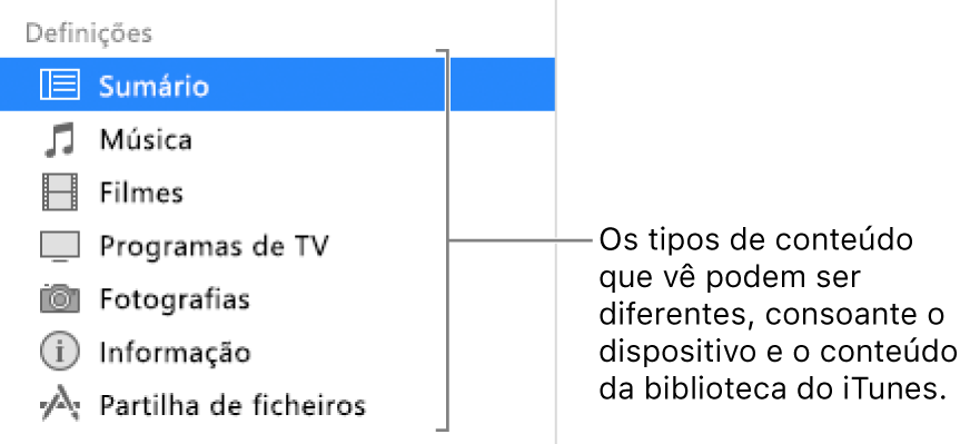 Sumário selecionado na barra lateral à esquerda. Os tipos de conteúdo que aparecem variam consoante o dispositivo e o conteúdo da biblioteca do iTunes.