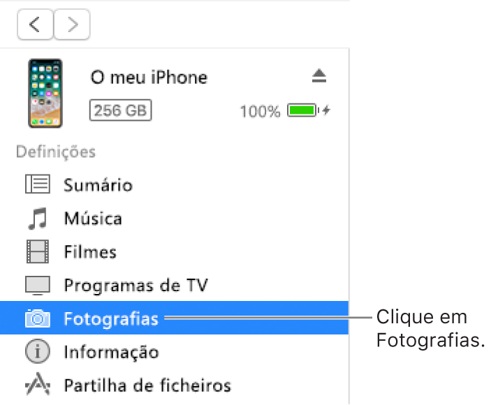 A janela Dispositivo, com Fotografias selecionado na barra lateral à esquerda.