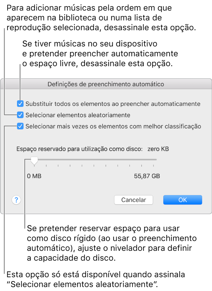 A caixa de diálogo “Definições de preenchimento automático”, com quatro opções, de cima para baixo. Se tiver músicas no seu dispositivo e pretender preencher automaticamente o espaço livre, desassinale a opção “Substituir todos os elementos ao preencher automaticamente”. Para adicionar músicas pela ordem em que aparecem na biblioteca ou numa lista de reprodução selecionada, desassinale a opção “Selecionar elementos aleatoriamente”. A opção seguinte “Escolher os elementos mais pontuados” só está disponível se assinalar a opção “Selecionar elementos aleatoriamente”. Se pretender reservar espaço para usar como disco rígido, ajuste o nivelador para definir a capacidade do disco.