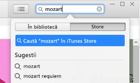 Câmpul de căutare, în care este scris “Mozart”. În meniul pop-up amplasare, este selectat Store.