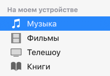 Раздел «На моем устройстве» в боковом меню, с выбранной вкладкой «Музыка».