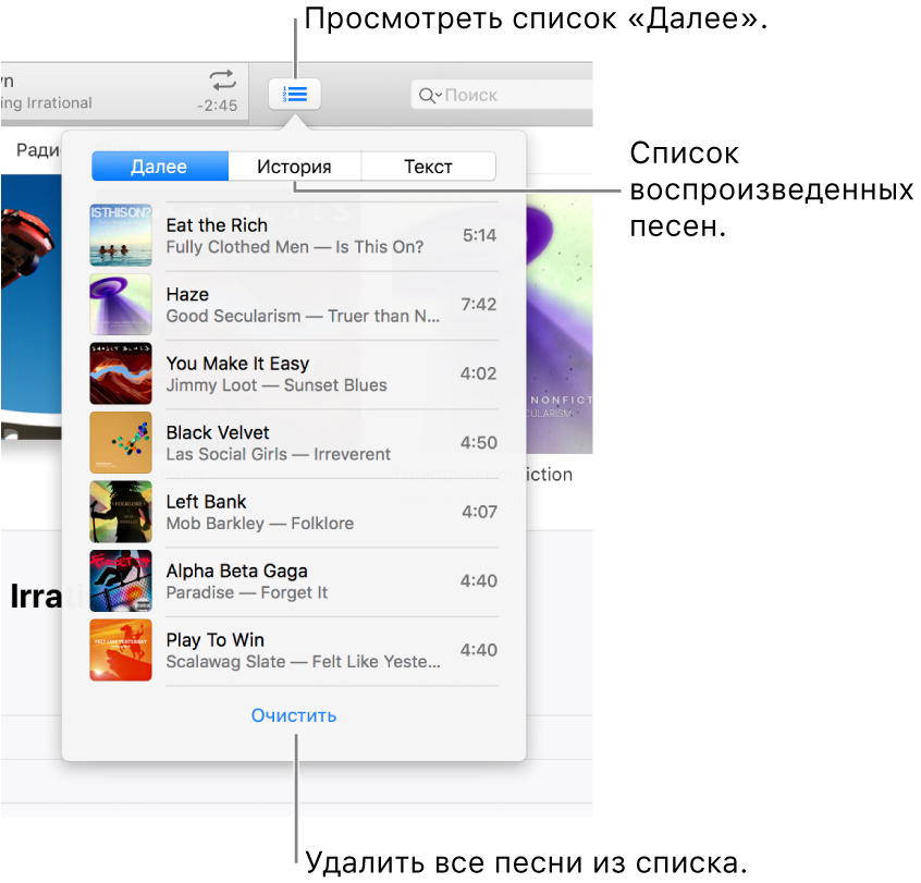 Кнопка «Далее» в баннере со списком «Далее». Вы можете нажать кнопку «История», в которой находится список «Ранее исполненные». Ссылка «Очистить» в нижней части списка «Далее» предназначена для удаления всех песен из списка.