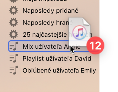 Album presúvaný do playlistu. Playlist je zvýraznený modrým trojuholníkom.