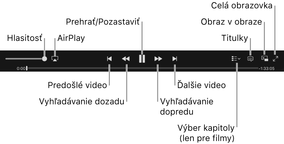 Ovládacie prvky videa: Hlasitosť, AirPlay, Predošlé video, Vyhľadávanie dozadu, Prehrať/Pozastaviť, Vyhľadávanie dopredu, Ďalšie video, Výber kapitoly (len pre filmy), Titulky, Obraz v obraze a Celá obrazovka.