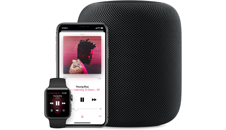 En vy med en låt i Apple Music som spelas upp på en Apple Watch, iPhone och HomePod.