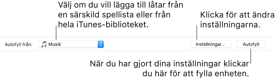 Alternativet Autofyll finns längst ned på panelen Musik. Längst till vänster finns popupmenyn Autofyll från där du kan välja om låtar ska läggas till från en spellista eller från hela biblioteket. Längst till höger finns två knappar: Inställningar till att ändra olika alternativ för Autofyll samt Autofyll. När du klickar på Autofyll fylls enheten med de låtar som uppfyller villkoren.