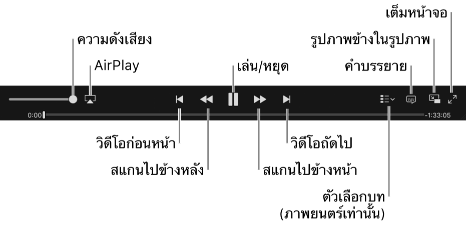 ตัวควบคุมวิดีโอ: ความดัง, AirPlay, วิดีโอก่อนหน้า, สแกนกลับ, เล่น/หยุดพัก, สแกนไปข้างหน้า, วิดีโอถัดไป, ตัวเลือกบท (สำหรับภาพยนตร์เท่านั้น), คำบรรยาย, หน้าต่างรูปภาพข้างในรูปภาพ และโหมดเต็มหน้าจอ