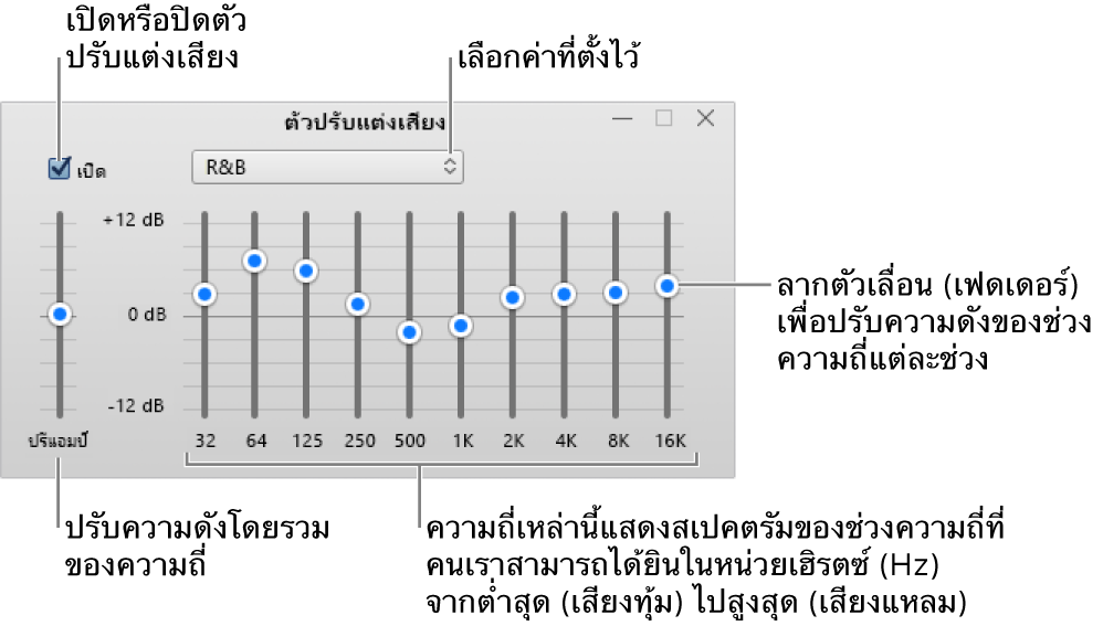 หน้าต่างตัวปรับแต่งเสียง: กล่องกาเครื่องหมายเพื่อเปิดตัวปรับแต่งเสียง iTunes อยู่ที่มุมด้านซ้ายบน ถัดจากกล่องข้อความคือเมนูที่แสดงขึ้นพร้อมค่าที่ตั้งไว้ของตัวปรับแต่งเสียง ในด้านซ้ายถัดออกไป ให้ปรับความดังโดยรวมของความถี่ด้วยปรีแอมป์ ด้านล่างค่าที่ตั้งไว้ของตัวปรับแต่งเสียง ให้ปรับระดับเสียงของช่วงความถี่ที่ต่างกันซึ่งแสดงถึงสเปกตรัมการได้ยินของมนุษย์จากต่ำสุดไปสูงสุด