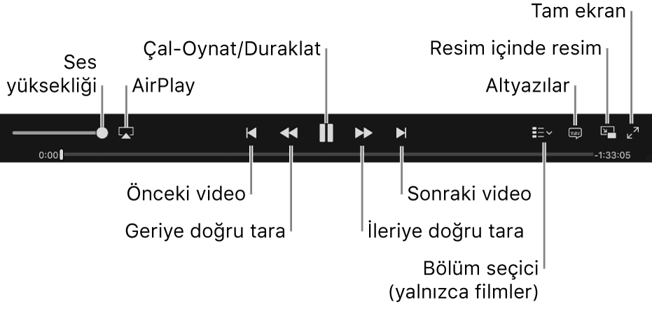 Video denetimleri: Ses yüksekliği, AirPlay, Önceki video, Geriye doğru tara, Oynat/Duraklat, İleriye doğru tara, Sonraki video, Bölüm seçici (yalnızca filmler için), Altyazılar, Resim İçinde Resim ve Tam ekran.