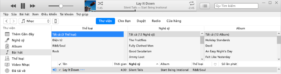 Cửa sổ chính của iTunes: Trình duyệt cột xuất hiện ở bên phải của thanh bên và bên trên danh sách bài hát.