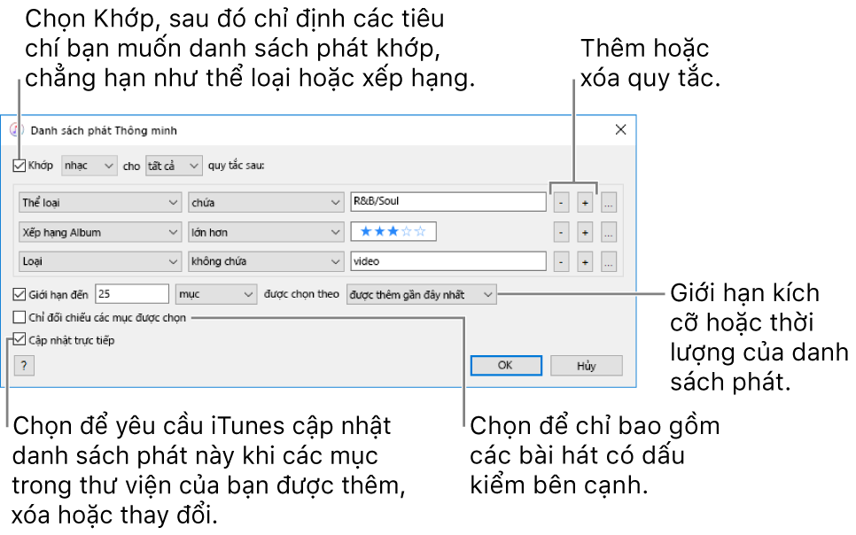 Cửa sổ Playlist thông minh: Ở góc trên bên trái, chọn Match, sau đó chỉ định tiêu chí của playlist (chẳng hạn như thể loại hoặc xếp hạng). Tiếp tục thêm hoặc xóa quy tắc bằng cách bấm vào các nút Thêm hoặc Xóa ở góc trên bên phải. Chọn các tùy chọn khác ở phần dưới của cửa sổ chẳng hạn như giới hạn kích cỡ hoặc thời lượng của playlist, chỉ bao gồm những bài hát được chọn hoặc yêu cầu iTunes cập nhật playlist khi các mục trong thư viện của bạn thay đổi.