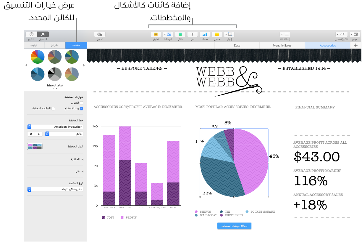 نافذة Numbers مع وسائل شرح تشير إلى فئات الكائنات التي يمكن إضافتها، وإلى خيارات تنسيق الكائنات.