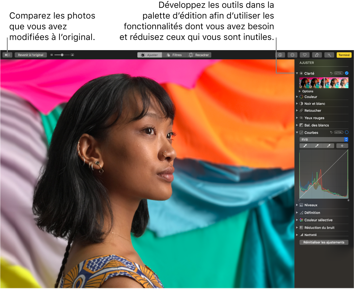 Fenêtre de Photos présentant les fonctionnalités de la nouvelle palette Modifier.