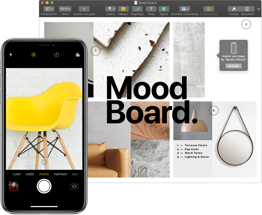 Un document Pages affichant une invite dans laquelle apparaîtra une image et un iPhone affichant la photo d’une chaise jaune.