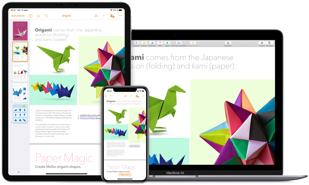 Contenu identique affiché sur un MacBook Air, un iPad et un iPhone.