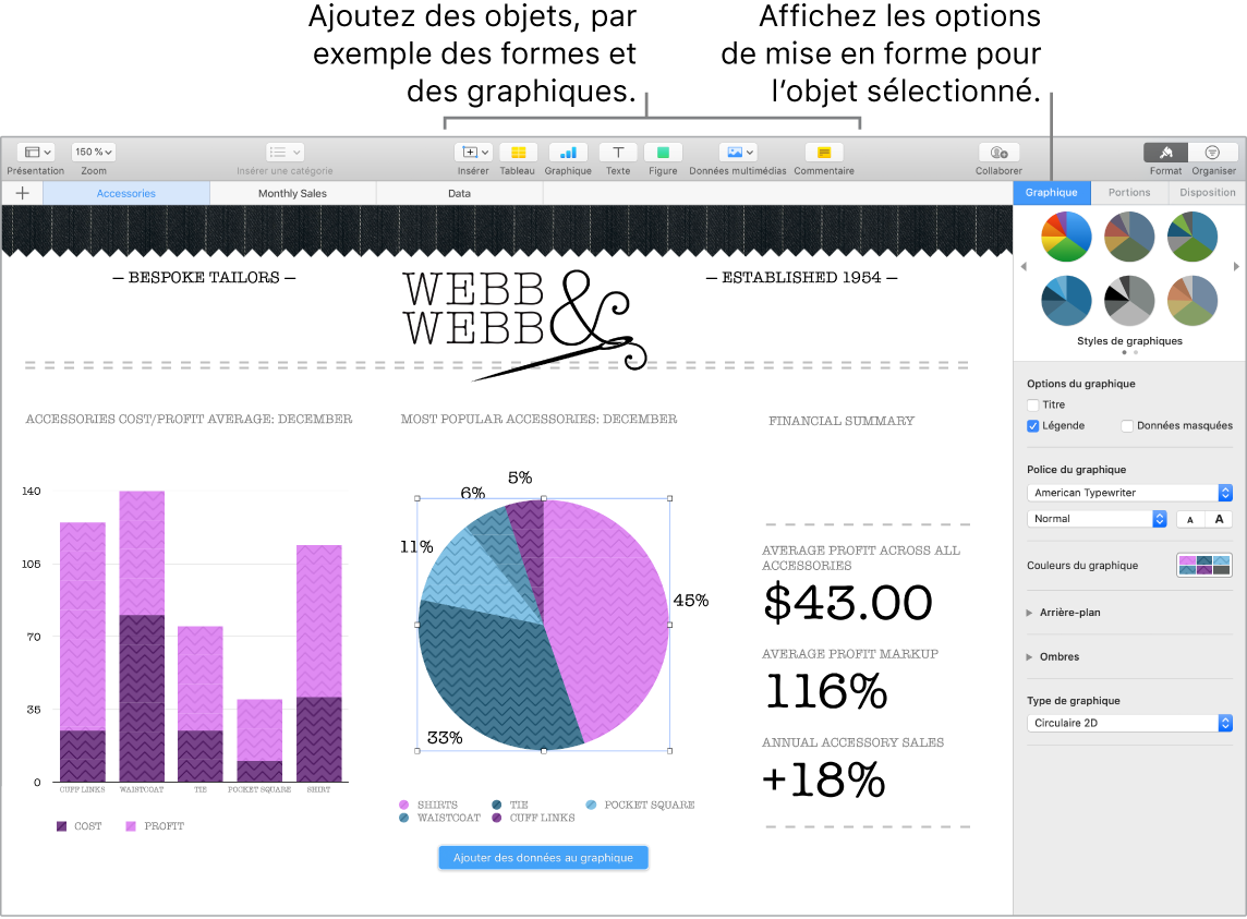 Fenêtre de Numbers avec des légendes pour les catégories d’objets que vous pouvez ajouter et les options de mise en forme d’objets.