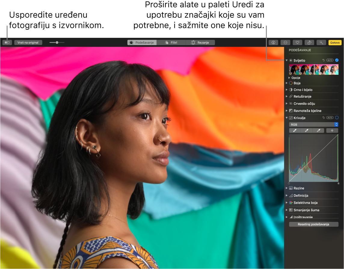 Prozor aplikacije Foto prikazuje značajke nove palete Uredi.