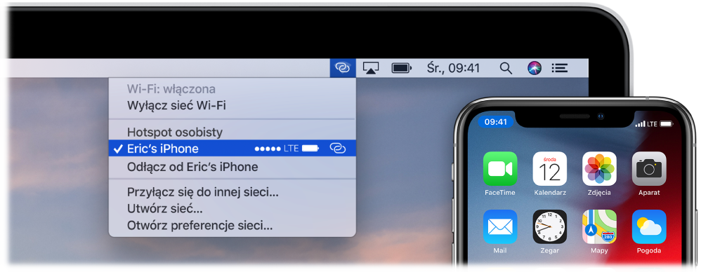 Ekran Maca z menu Wi‑Fi informującym o nawiązanym połączeniu z hotspotem osobistym na iPhonie.