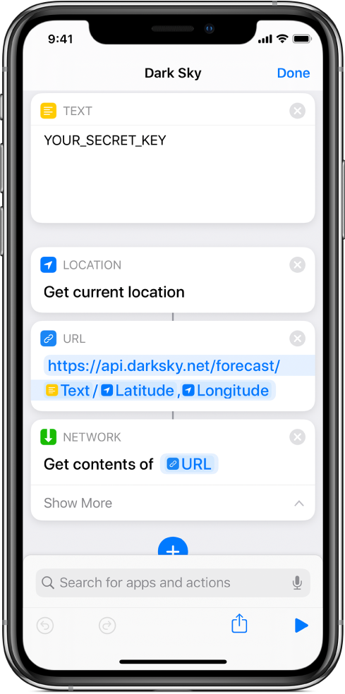 A Get Current Location action added between the Text action and the URL action in the Dark Sky API request shortcut.