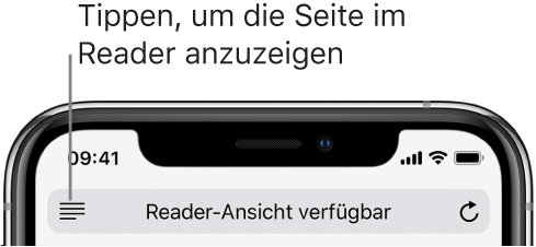 Das Adressfeld in Safari mit der Taste „Reader“ links.