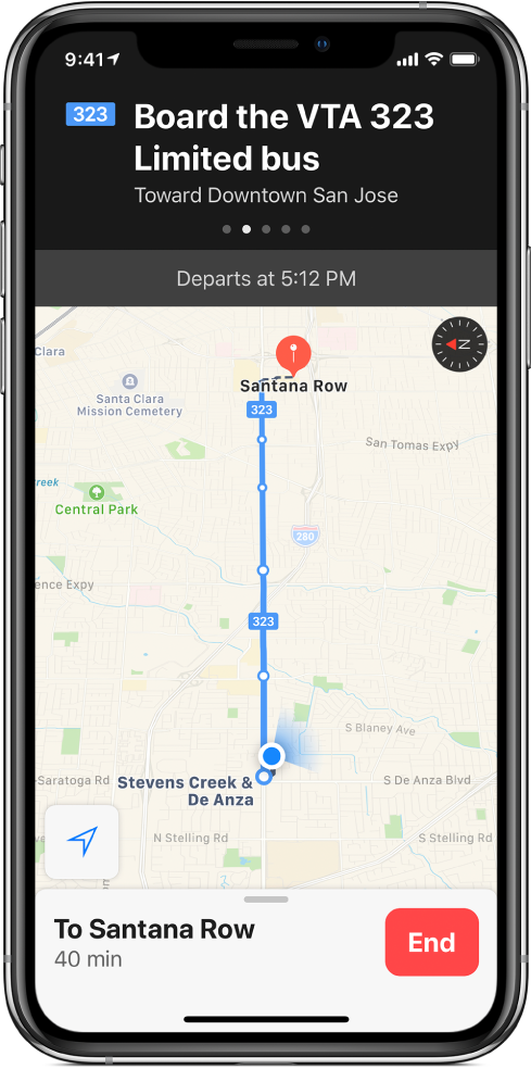 A transit map showing the stops on a bus line. A banner at the top of the screen shows an instruction to “Board the VTA 323 Limited bus toward downtown San Jose.”