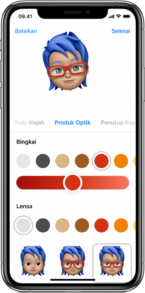 Layar Pesan menampilkan Memoji yang sedang dibuat.