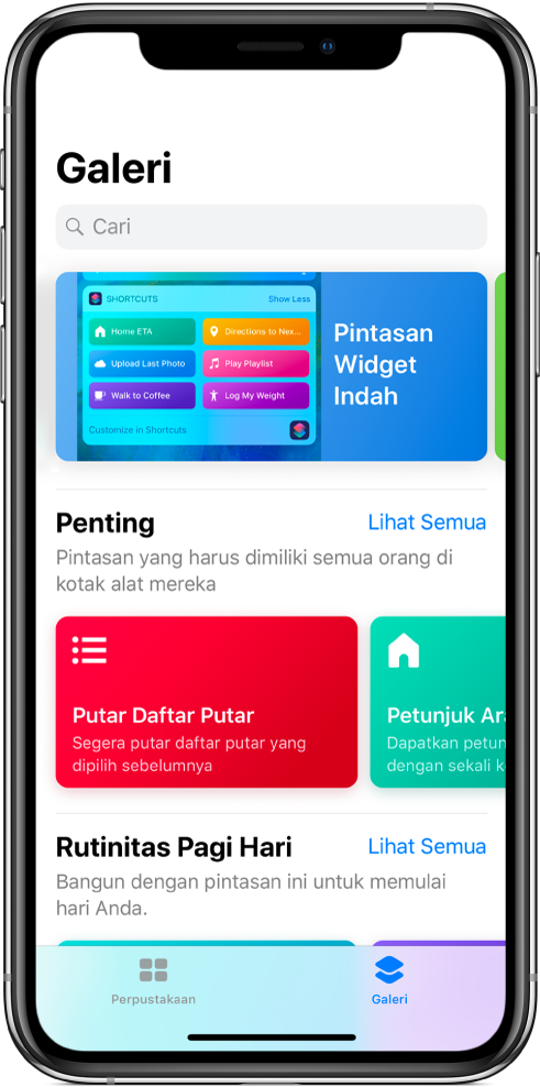 Tab Galeri di app Pintasan, menampilkan saran untuk pintasan.