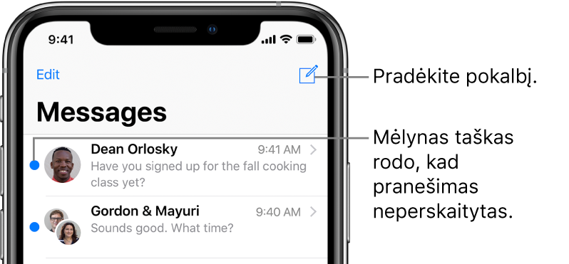 Žinučių sąrašas su „Edit“ mygtuku viršuje kairėje ir „Compose“ mygtuku viršuje dešinėje. Mėlynas taškas pranešimo kairėje reiškia, kad jis neperskaitytas.