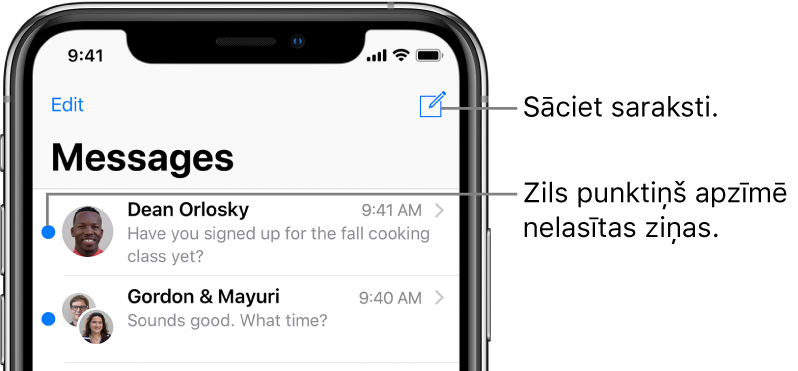 Saraksts Messages ar pogu Edit augšējā kreisajā stūrī un pogu Compose augšējā labajā stūrī. Zils punktiņš pa kreisi no ziņas norāda, ka tā nav izlasīta.