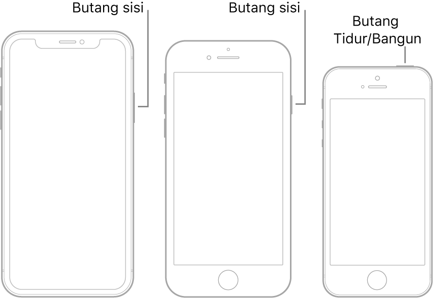 Butang sisi atau Tidur/Bangun pada tiga model iPhone yang berlainan.