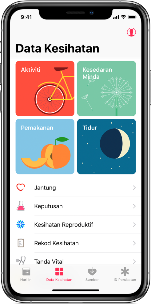 Skrin Data Kesihatan app Kesihatan, dengan kategori Aktiviti, Kesedaran Minda, Pemakanan dan Tidur. Butang Profil berada di bahagian atas kanan. Di bahagian bawah, dari kiri ke kanan, ialah tab Hari Ini, Data Kesihatan, Sumber dan ID Perubatan.