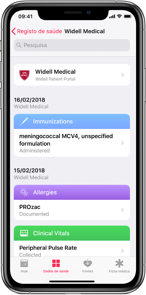 Uma captura de ecrã de registos de saúde por ordem cronológica, com as informações mais recentes em cima. Widell Medical, Widell Patient Portal está identificado junto à parte superior do ecrã como sendo a origem dos registos. O registo mais recente é de 16 de fevereiro de 2018 relativo a uma imunização administrada para infeções meningocócicas MCV4, de formulação não especificada. Por baixo do registo de imunizações aparecem dois registos datados de 15 de fevereiro de 2018: um para uma alergia a PROzac e outro a indicar a recolha de uma frequência cardíaca periférica.